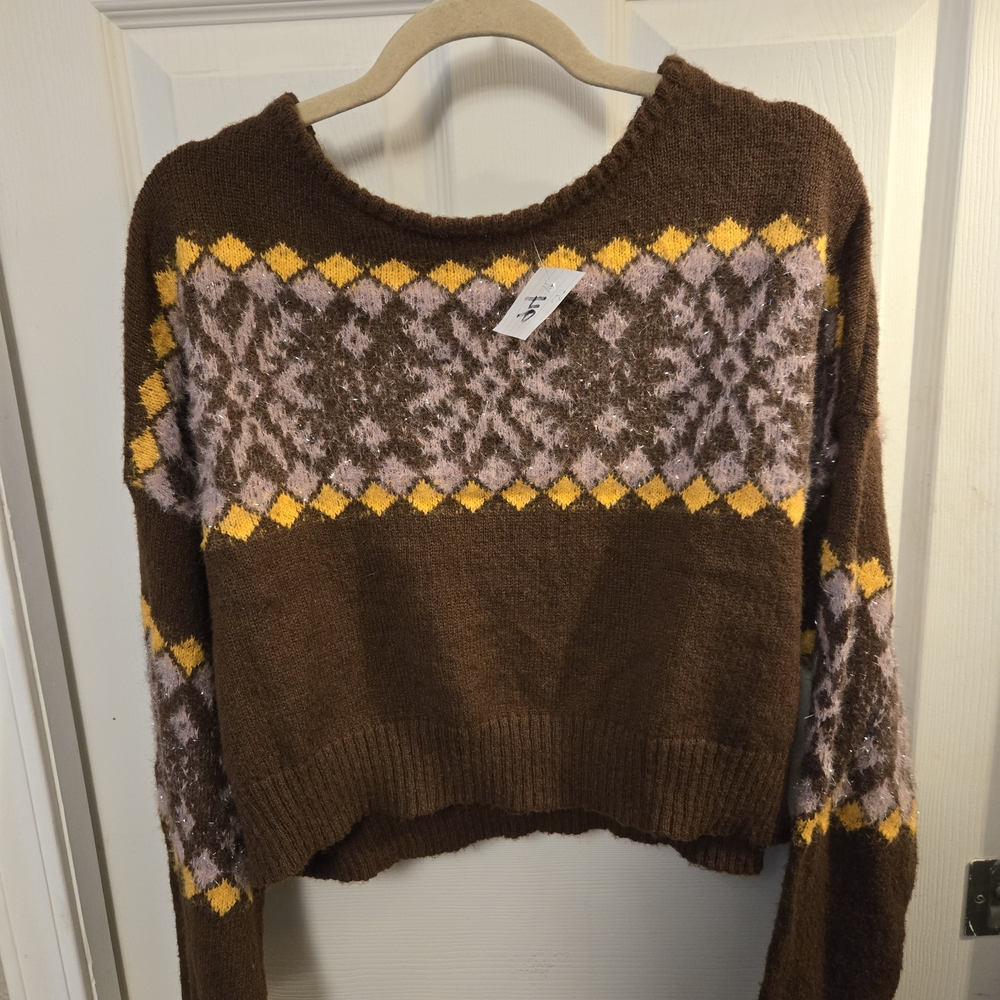 SO Women's Brown Sweater with Yellow and Gray Pattern